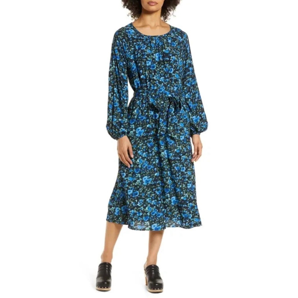 NWT Caslon Dress Size Small Blue Midi Floral Print‎ Long Sleeve Tie Waist Bella